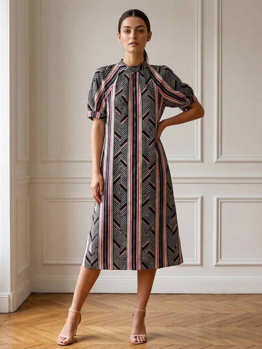 Anthropologie Black & Pink Geometric-Stripe Midi Dress